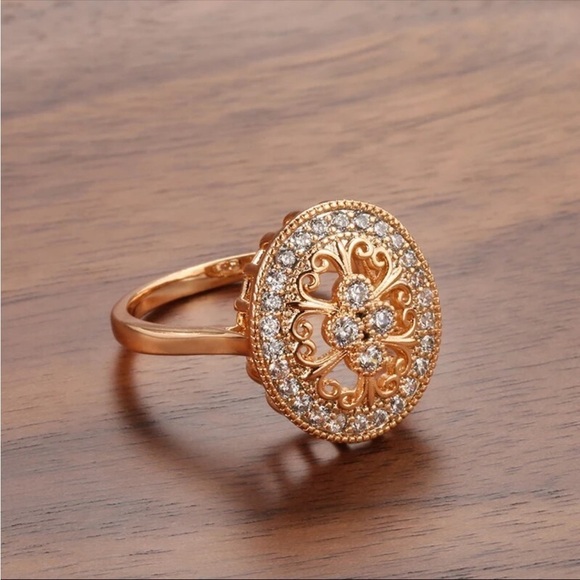 Luxury CZ Rose Gold Ring 585 art deco Retro New Size 6 - Picture 3 of 11